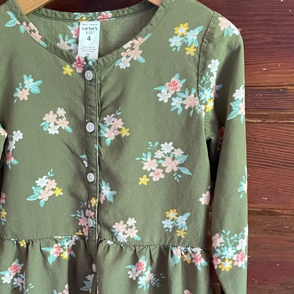 4 Flowy Viscose Woven Ruffle Hem Button-Up Blouse, Green w Pink Ditsy Floral - Picture 3 of 7